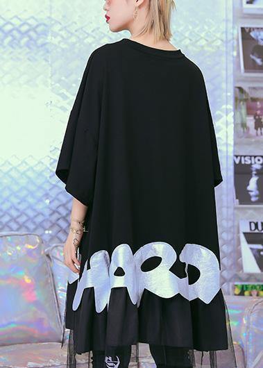 Unique black cotton tunic pattern gray alphabet prints baggy summer tops - SooLinen