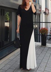 Unique black cotton tunic top v neck patchwork Art summer Dresses - SooLinen