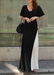 Unique black cotton tunic top v neck patchwork Art summer Dresses - SooLinen