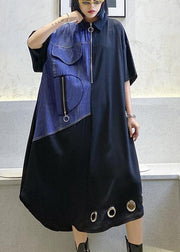 Unique black cotton tunics for women lapel patchwork Maxi Dress - SooLinen
