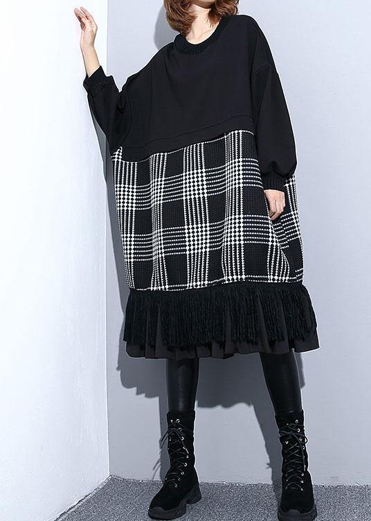 Unique black patchwork Cotton Long Shirts tassel A Line fall Dresses - SooLinen