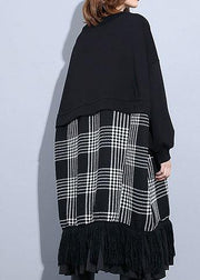 Unique black patchwork Cotton Long Shirts tassel A Line fall Dresses - SooLinen