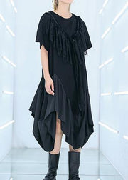 Unique black patchwork Cotton Tunics half sleeve cotton summer Dresses - SooLinen