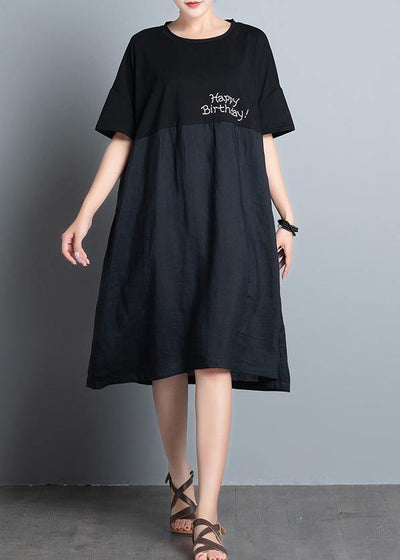 Unique black print dress o neck patchwork A Line summer Dresses - SooLinen