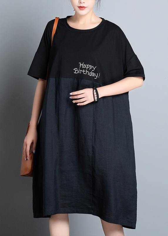 Unique black print dress o neck patchwork A Line summer Dresses - SooLinen