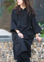 Unique black tunic pattern stand collar half sleeve Art Dress - SooLinen