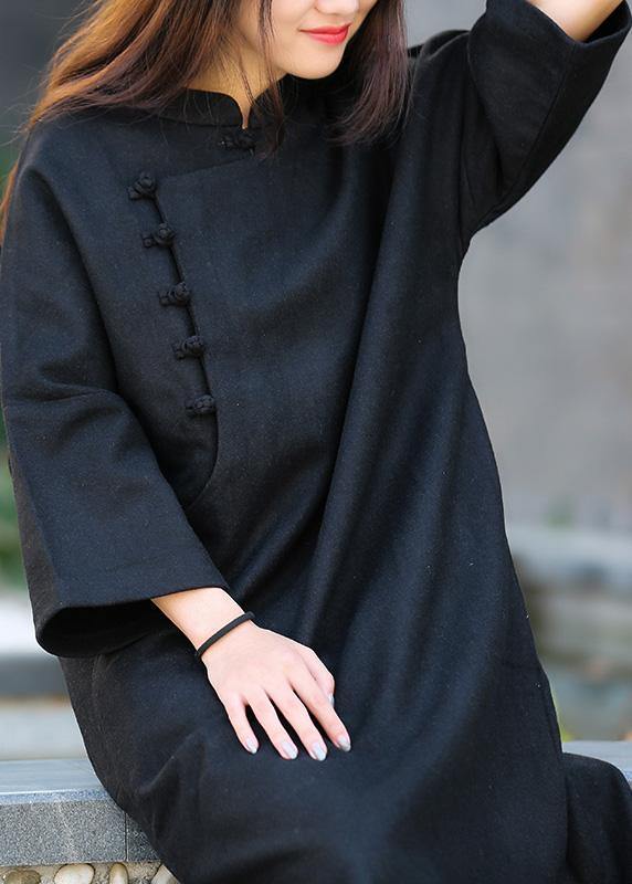 Unique black tunic pattern stand collar half sleeve Art Dress - SooLinen