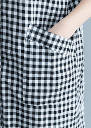 Unique black white plaid cotton linen shirts women stylish lapel pockets oversized Summer shirts