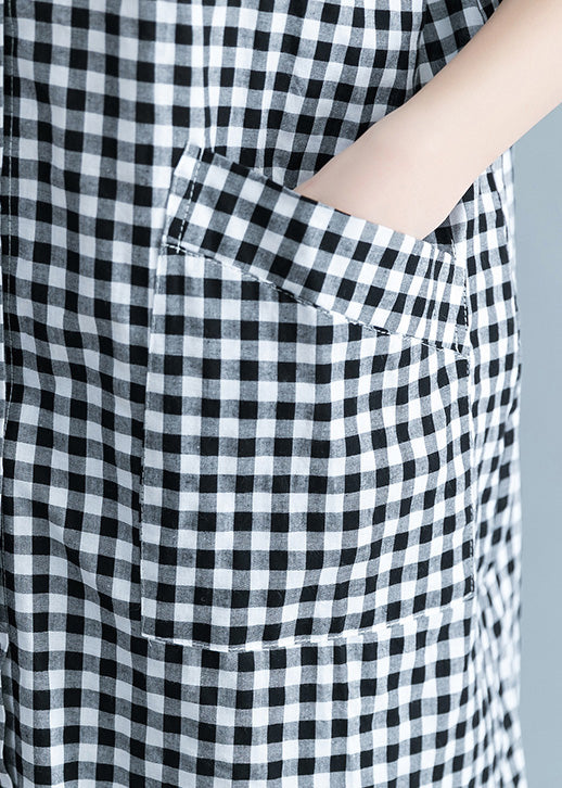 Einzigartige schwarz-weiß karierte Baumwoll-Leinen-Hemden für Damen, stilvolle Reverstaschen, übergroße Sommerhemden