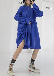 Unique blue Cotton clothes Cinched short fall shirt Dress - SooLinen