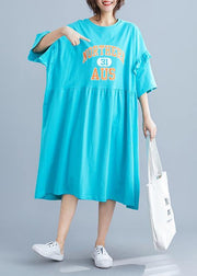 Unique blue alphabet prints cotton Long Shirts ruffles sleeve Maxi summer Dresses - SooLinen