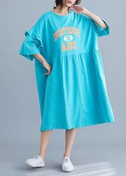 Unique blue alphabet prints cotton Long Shirts ruffles sleeve Maxi summer Dresses - SooLinen