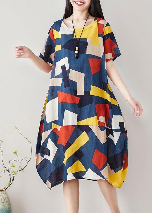 Unique blue asymmetric plaid Cotton dresses short sleeve Art summer Dress - SooLinen