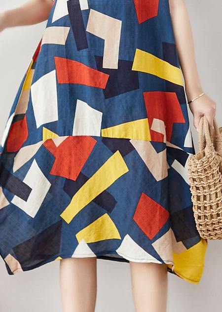 Unique blue asymmetric plaid Cotton dresses short sleeve Art summer Dress - SooLinen