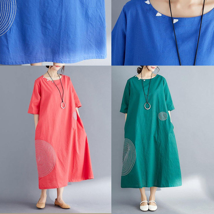Unique blue cotton tunics for women fine Outfits o neck embroidery A Line Summer Dresses - SooLinen