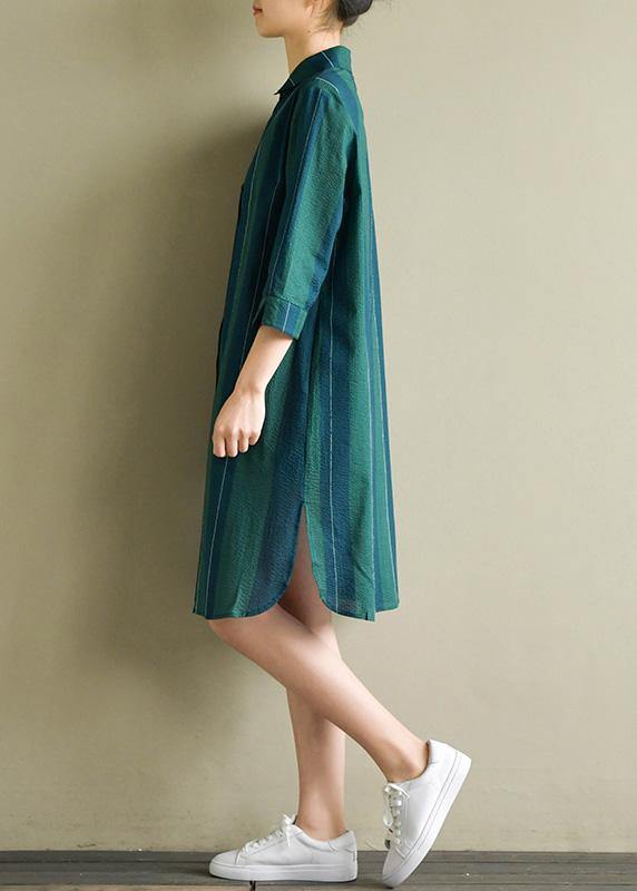 Unique blue green striped Cotton dresses lapel side open summer Dress - SooLinen