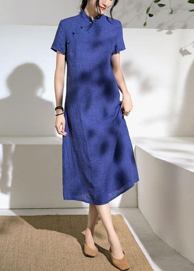 Unique blue linen Robes stand collar Robe summer Dresses - SooLinen