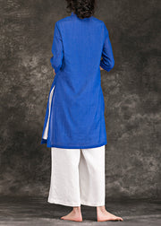 Einzigartige blaue Leinenroben mit V-Ausschnitt Dreiviertelärmel Kleider Sommerkleider