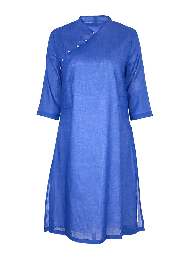 Einzigartige blaue Leinenroben mit V-Ausschnitt Dreiviertelärmel Kleider Sommerkleider