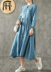 Unique blue linen clothes For Women Cinched pockets Plus Size spring Dresses - SooLinen