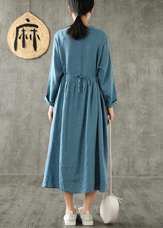 Unique blue linen clothes For Women Cinched pockets Plus Size spring Dresses - SooLinen