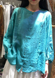 Unique blue linen clothes long sleeve baggy fall blouse - SooLinen