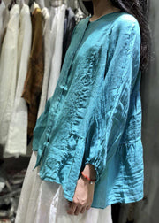 Unique blue linen clothes long sleeve baggy fall blouse - SooLinen