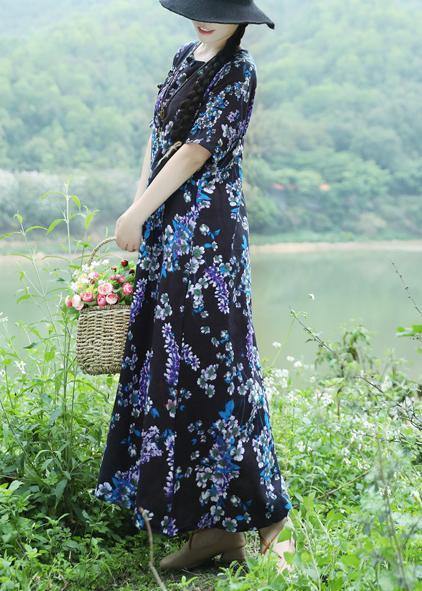 Unique blue prints cotton tunic top Casual design loose waist loose summer Dress - SooLinen