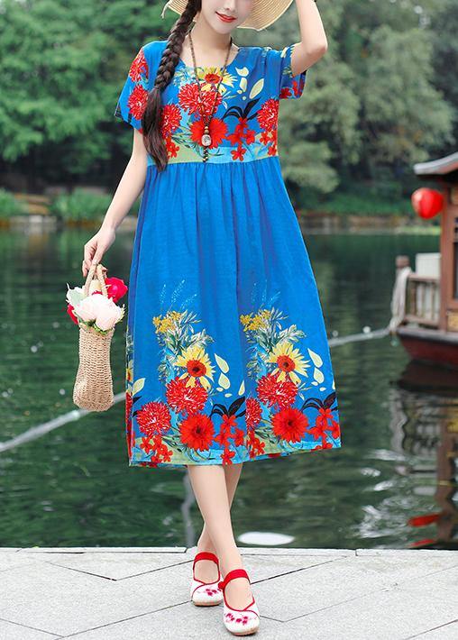 Unique blue short sleeve cotton Tunics print Maxi summer Dresses - SooLinen