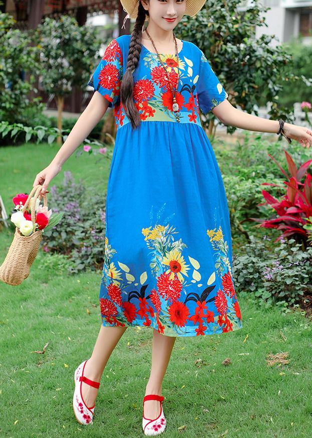 Unique blue short sleeve cotton Tunics print Maxi summer Dresses - SooLinen