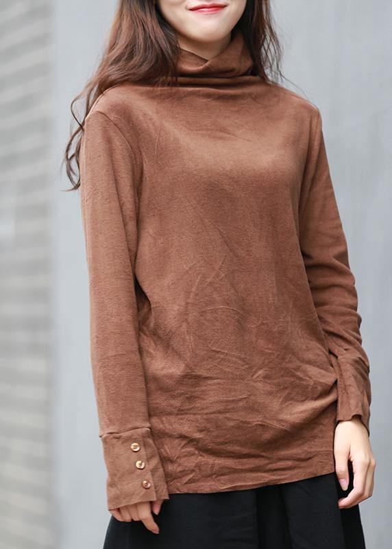 Unique brown clothes For Women high neck long sleeve short tops - SooLinen