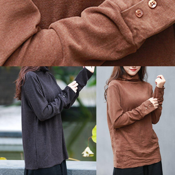 Unique brown clothes For Women high neck long sleeve short tops - SooLinen