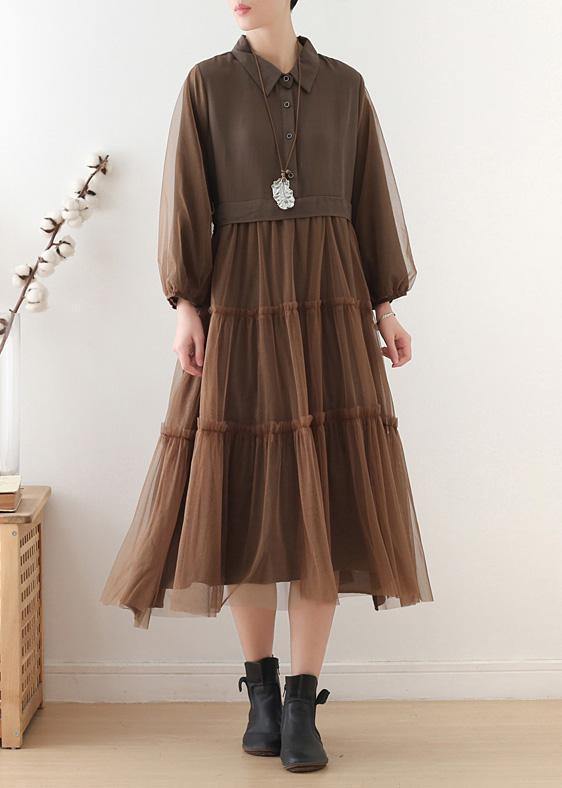 Unique chocolate linen dress lapel large hem Maxi fall Dresses - SooLinen