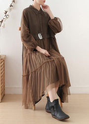Unique chocolate linen dress lapel large hem Maxi fall Dresses - SooLinen