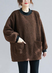 Unique chocolate tunic pattern o neck pockets short tops - SooLinen