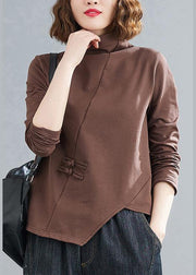 Unique chocolate tunics for women high neck Chinese Button tunic tops - SooLinen