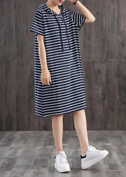 Unique cotton clothes Women Casual Classic Wild Striped Hooded Loose Dress - SooLinen
