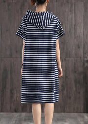 Unique cotton clothes Women Casual Classic Wild Striped Hooded Loose Dress - SooLinen
