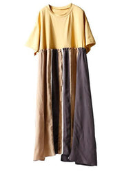 Unique cotton clothes stylish Spliced Striped Round Neck A-Line Dress - SooLinen