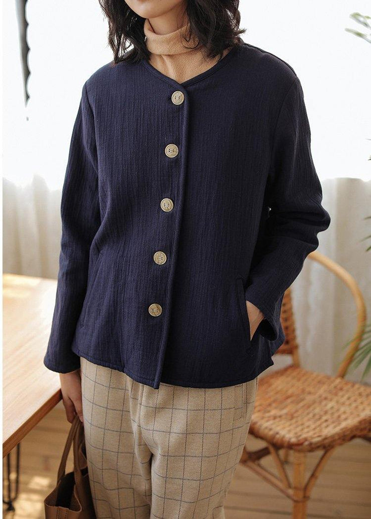 Unique dark blue cotton clothes For Women o neck Button short shirt - SooLinen