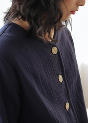 Unique dark blue cotton clothes For Women o neck Button short shirt - SooLinen