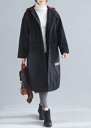 Unique denim black fine casual coats women Inspiration hooded patchwork spring outwears - SooLinen