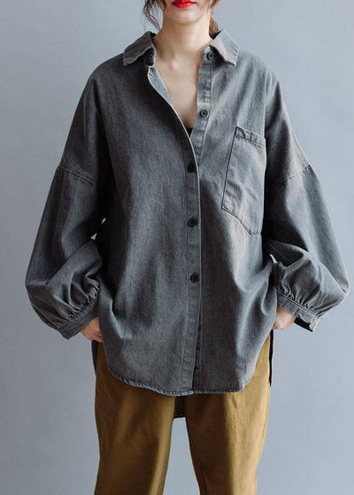 Unique denim gray cotton Blouse low high design daily fall blouses - SooLinen