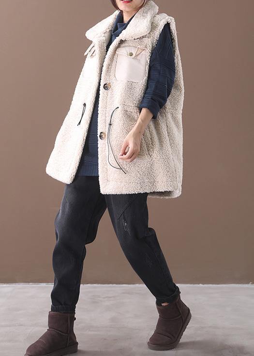Unique drawstring Plus Size sleeveless maxi coat beige white silhouette women coats - SooLinen