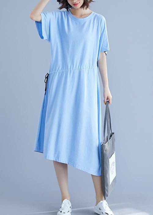 Unique drawstring waist cotton summer clothes For Women blue o neck oversized dresses - SooLinen