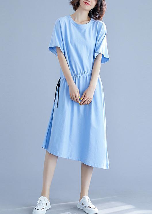 Unique drawstring waist cotton summer clothes For Women blue o neck oversized dresses - SooLinen