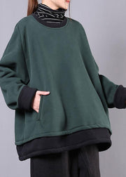 Unique dull green cotton clothes For Women o neck pockets tunic top - SooLinen