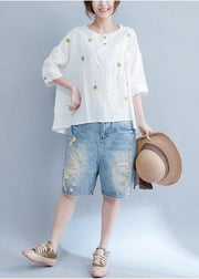 Unique embroidery cotton tunic top white Art tops summer - SooLinen