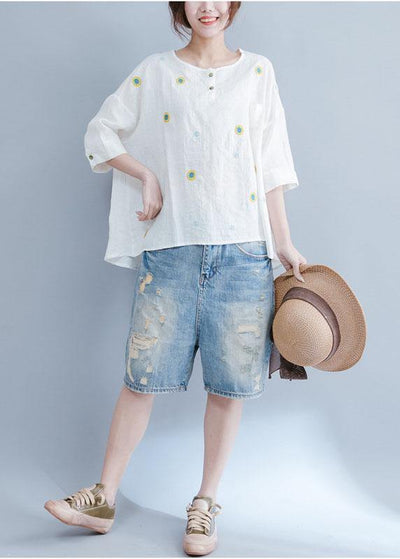 Unique embroidery cotton tunic top white Art tops summer - SooLinen