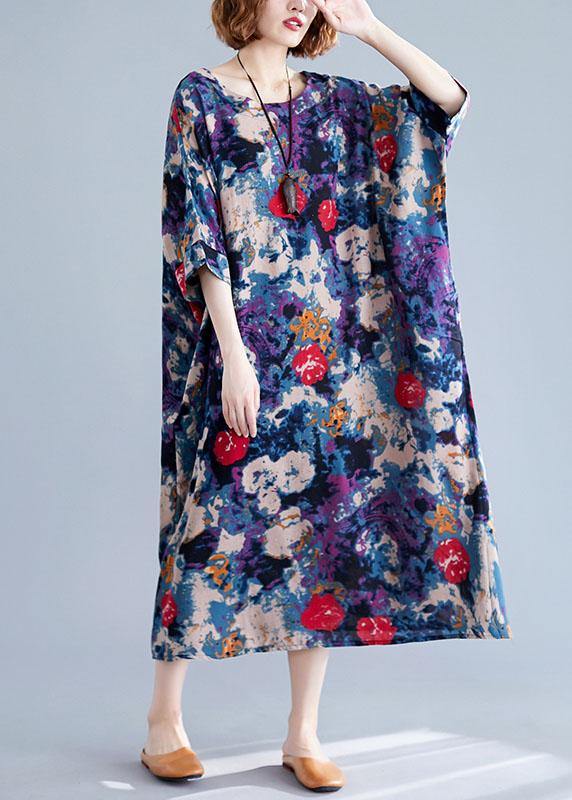 Unique floral cotton dresses o neck baggy Maxi Dresses - SooLinen